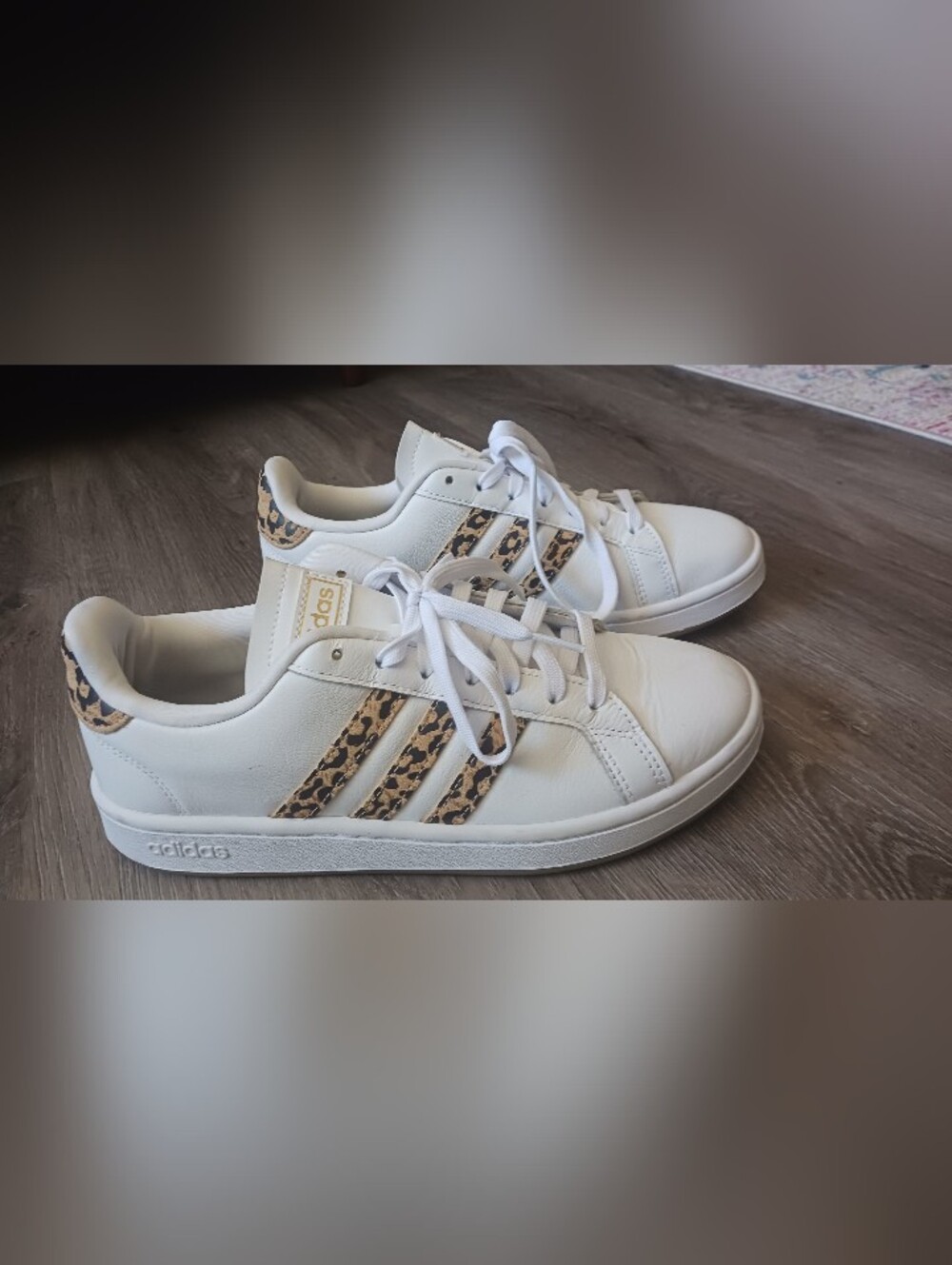 adidas White Sneakers with Leopard-Print Stripes, W Size 8.5 - Picture 3 of 11